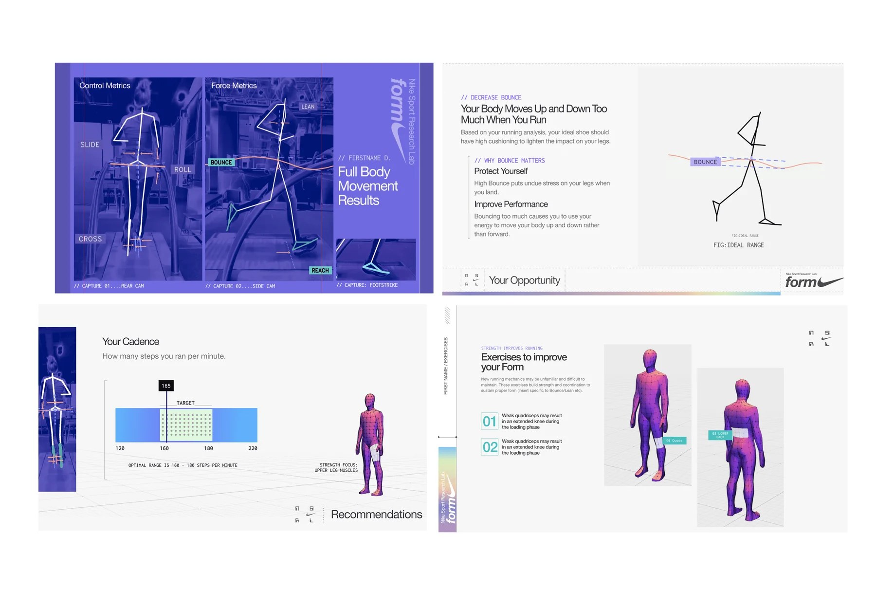 Digital report screens: full-body movement results, cadence and recommended exercises