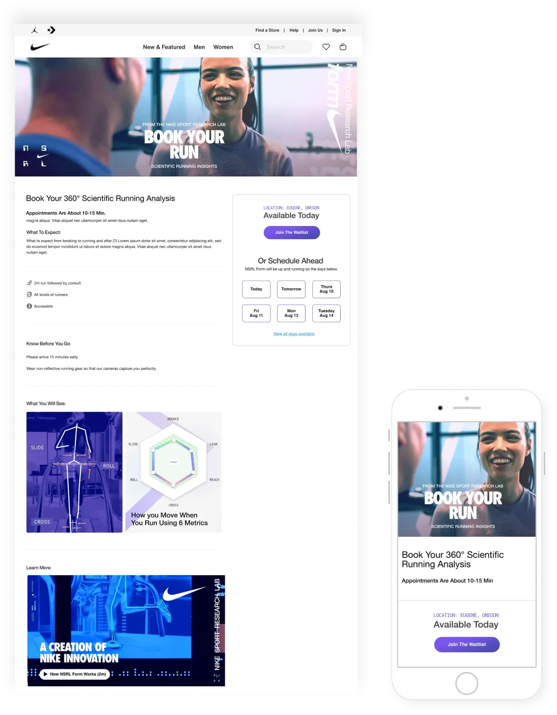 Book Your Run: the 360° running analysis booking page on desktop and mobile