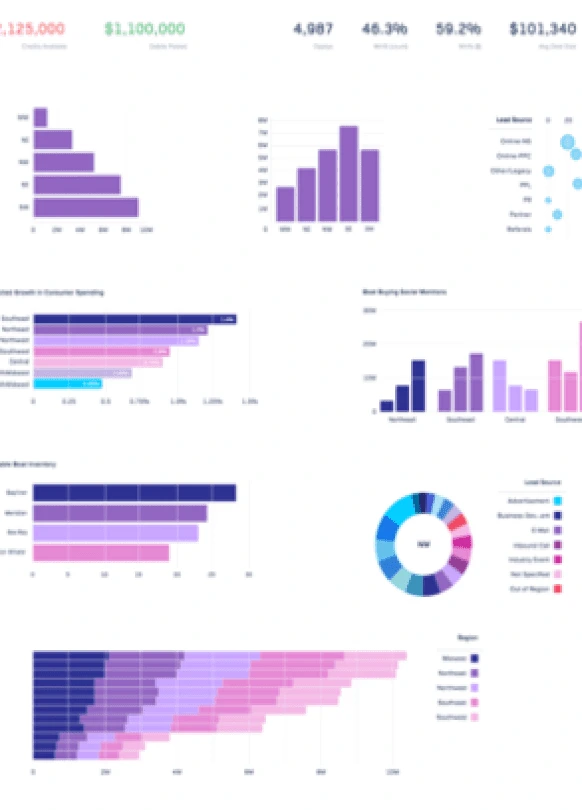 Analytics dashboard with sales and lead-source charts