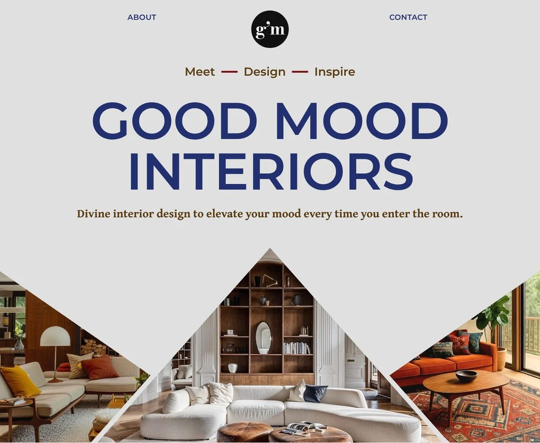Good Mood Interiors homepage: hero with the studio name over three living-room photos