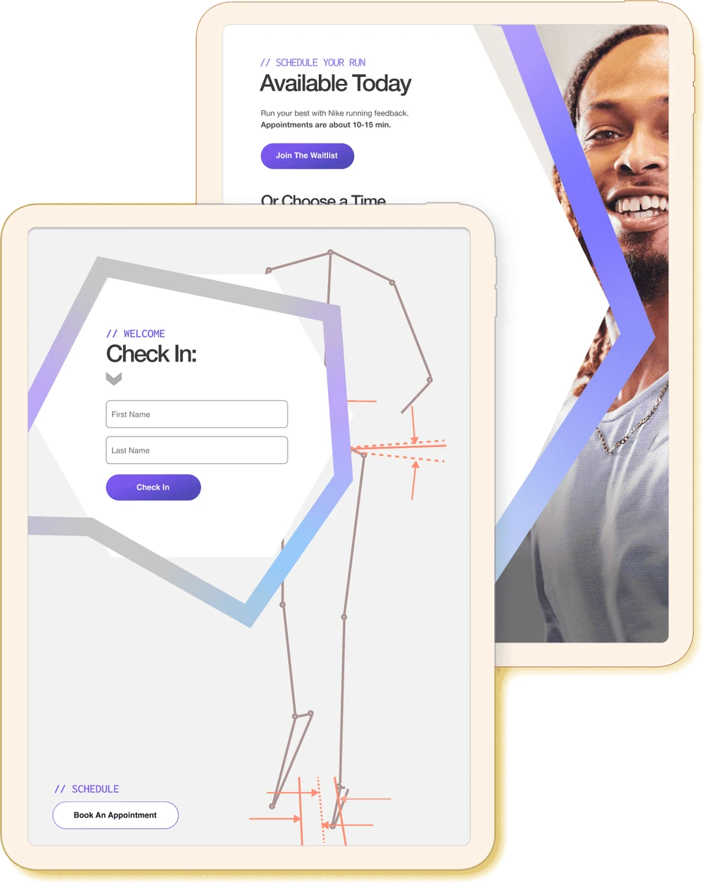Nike run check-in and scheduling app on two tablets